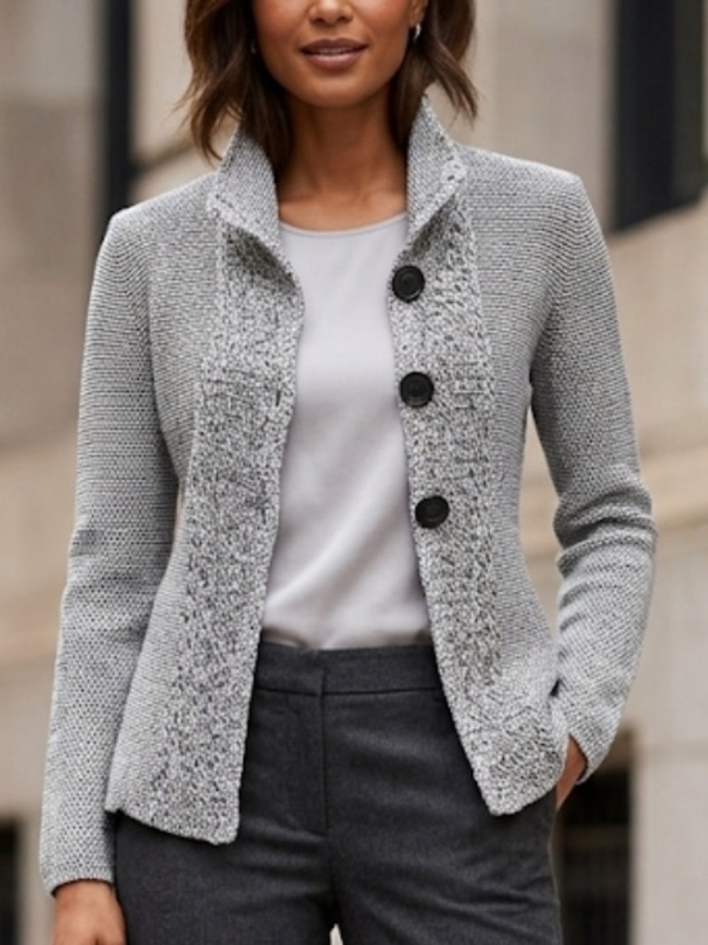 NIC+ZOE Knit gray fitted button front cotton blend Sweater Jacket cardigan XS/S